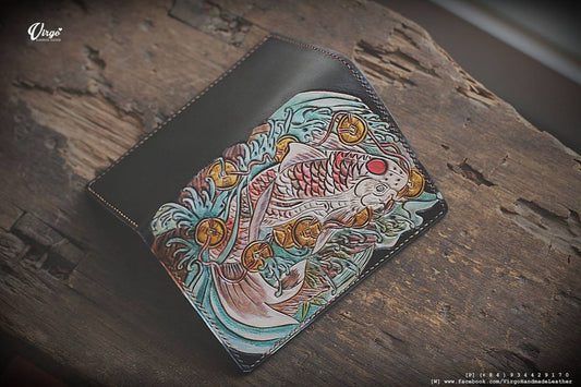 Koi Fish and Coin Bifold Men Carving Wallet 2