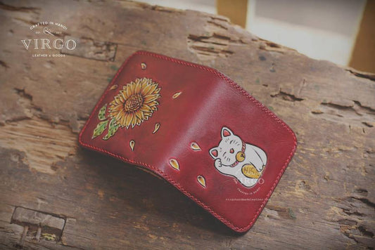 Maneki Neko Sunflower Carving Small Wallet