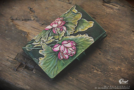 Pink Lotus Hand Carved Long Wallet
